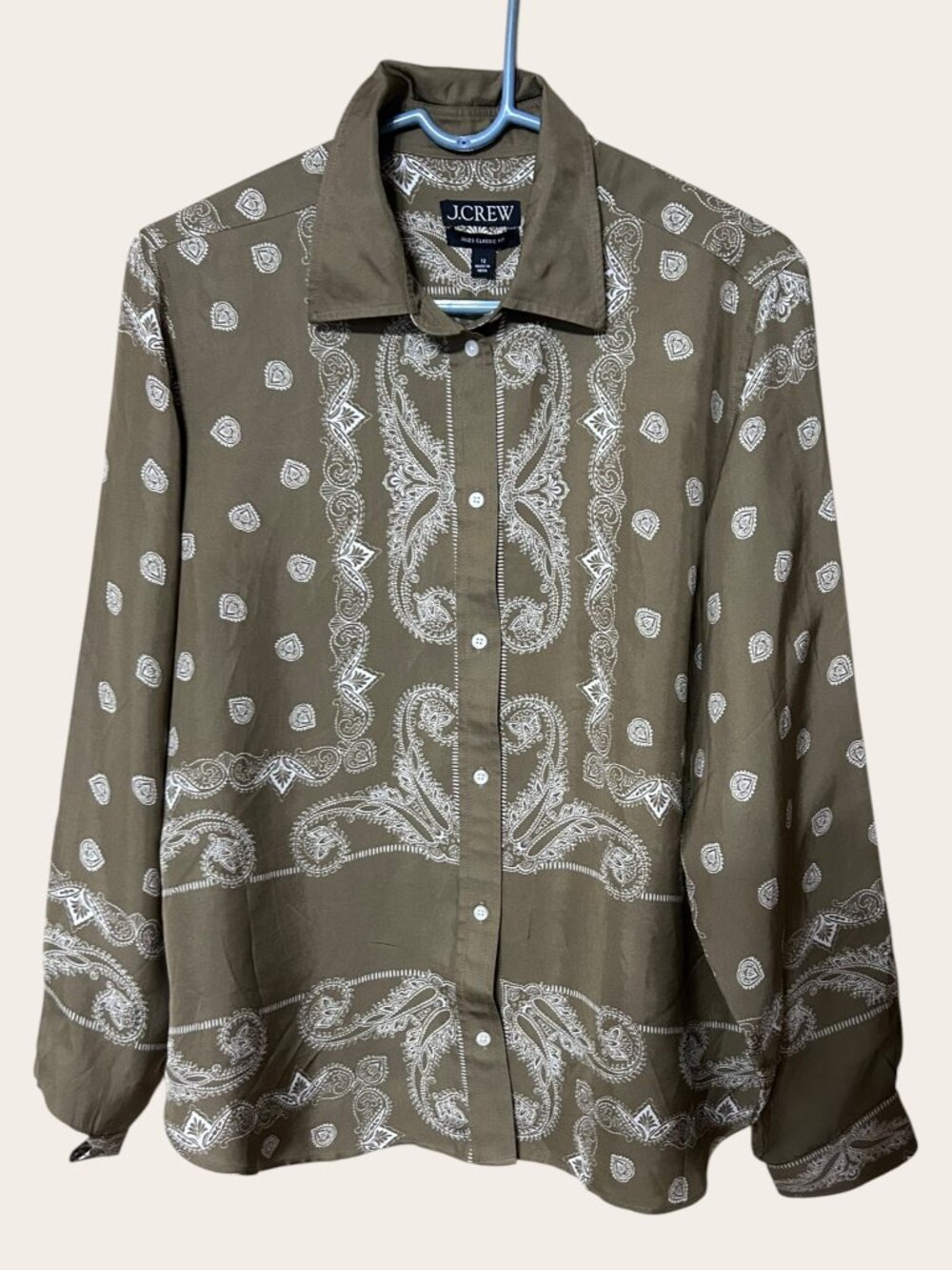 J.Crew Jules Classic Fit Shirt Bandana Print Womens Size 12 Olive Paisley NWT